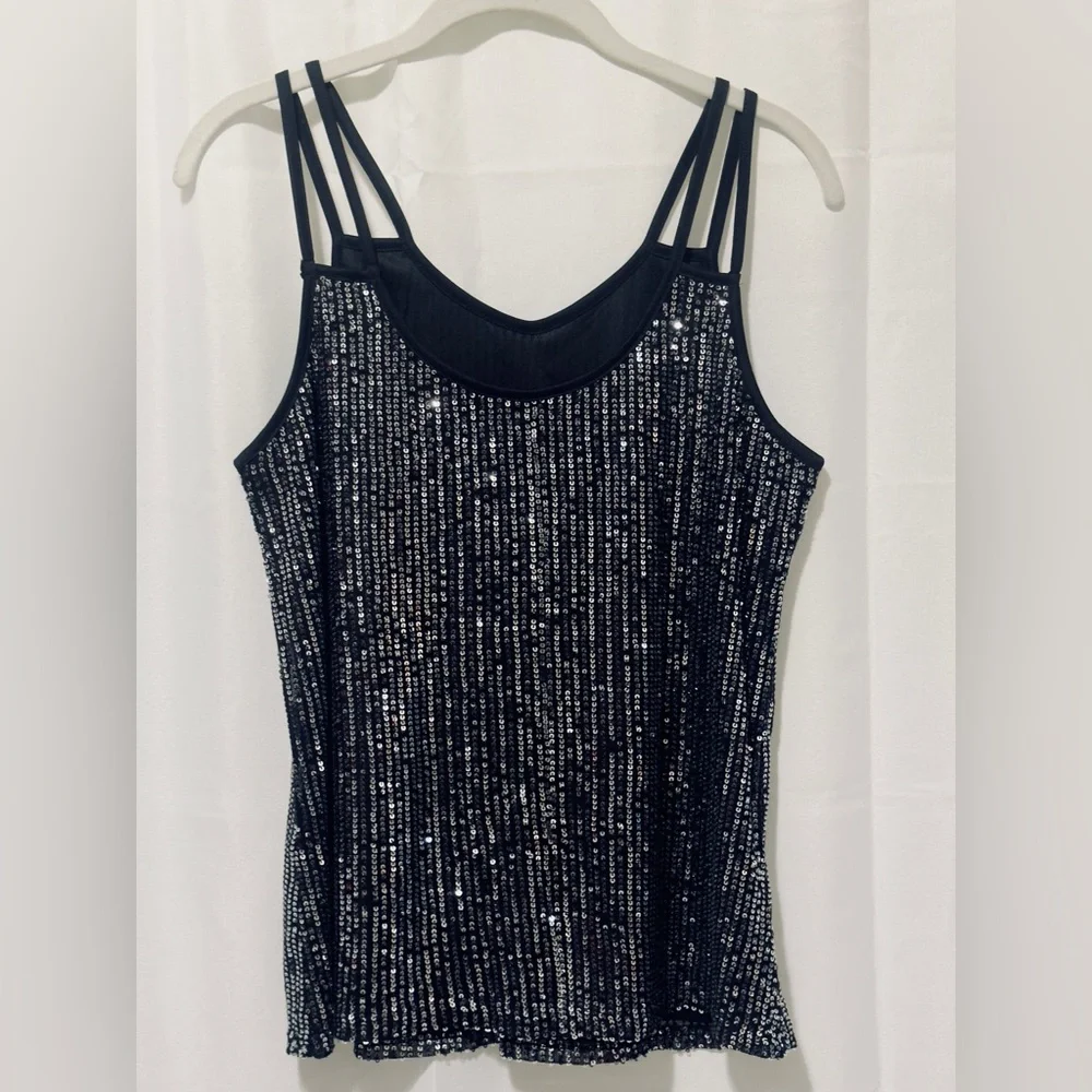 Festive Reversible Sequin Embellished Black Double Strap Tank Top. Small NWOT - Picture 3 of 5